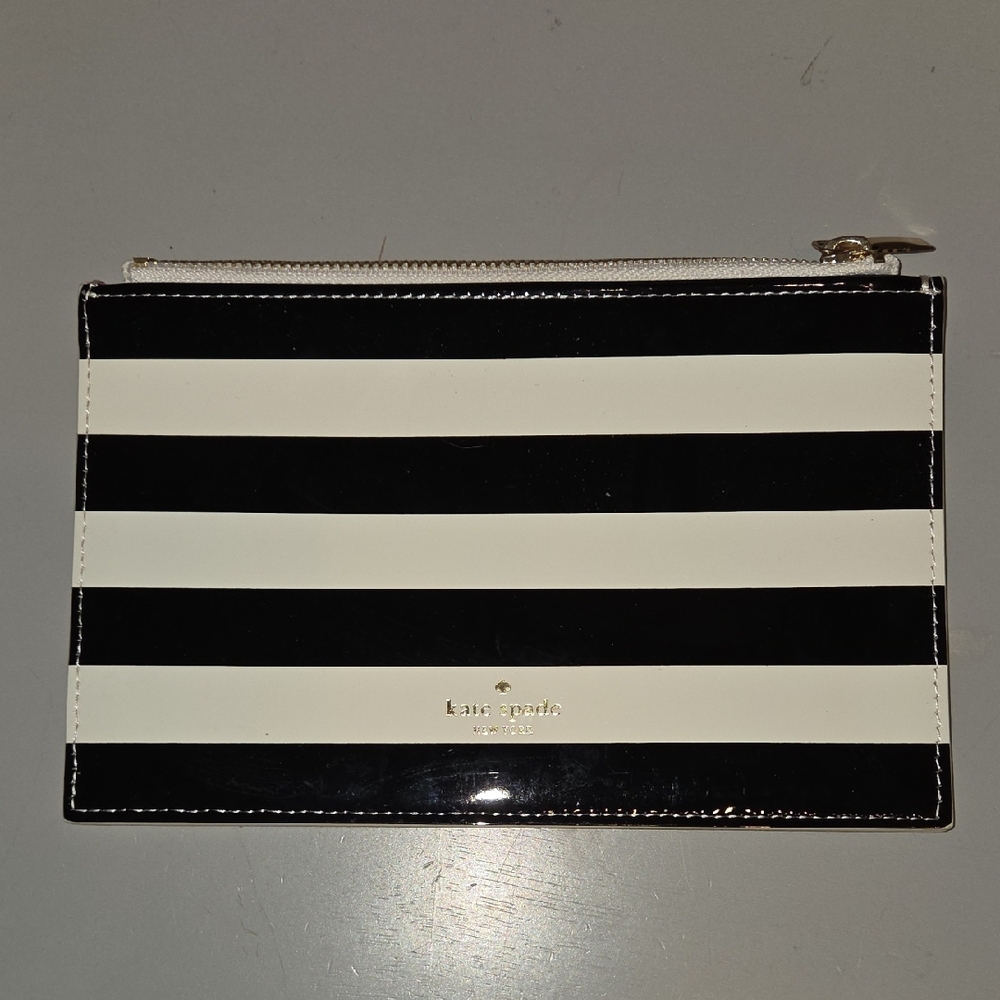 kate spade Black and White Striped Patent Zip Pouch with Gold Logo